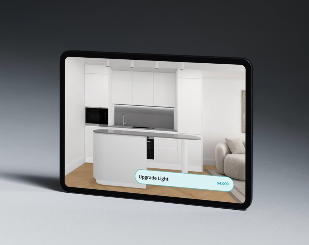 Tablet showing 3D room design interface