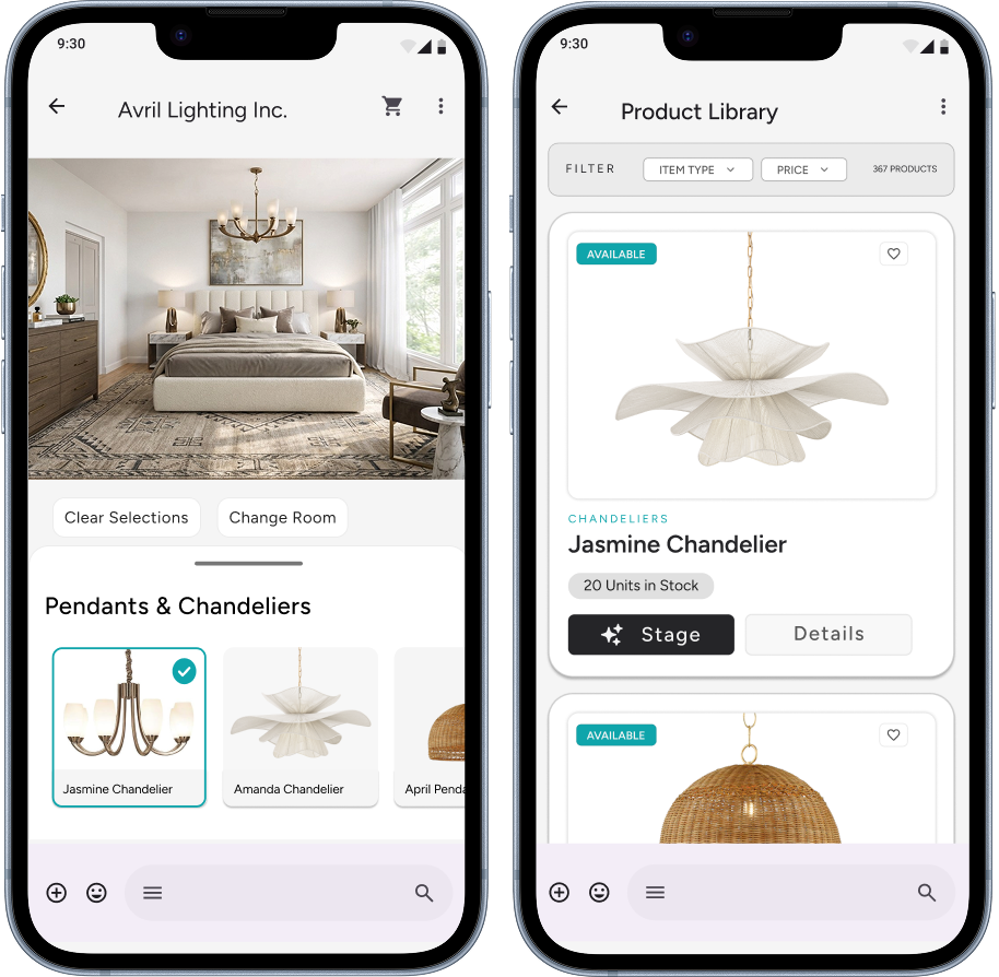 Two phone screens showing virtual staging app and product library