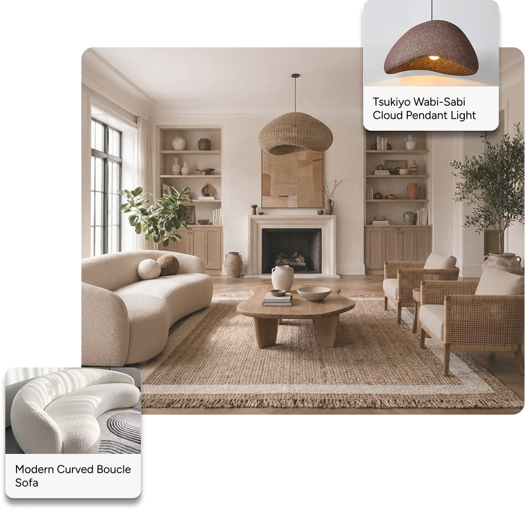Living room with floating Modern Curved Boucle Sofa and Tsukiyo Wabi-Sabi Cloud Pendant Light product cards