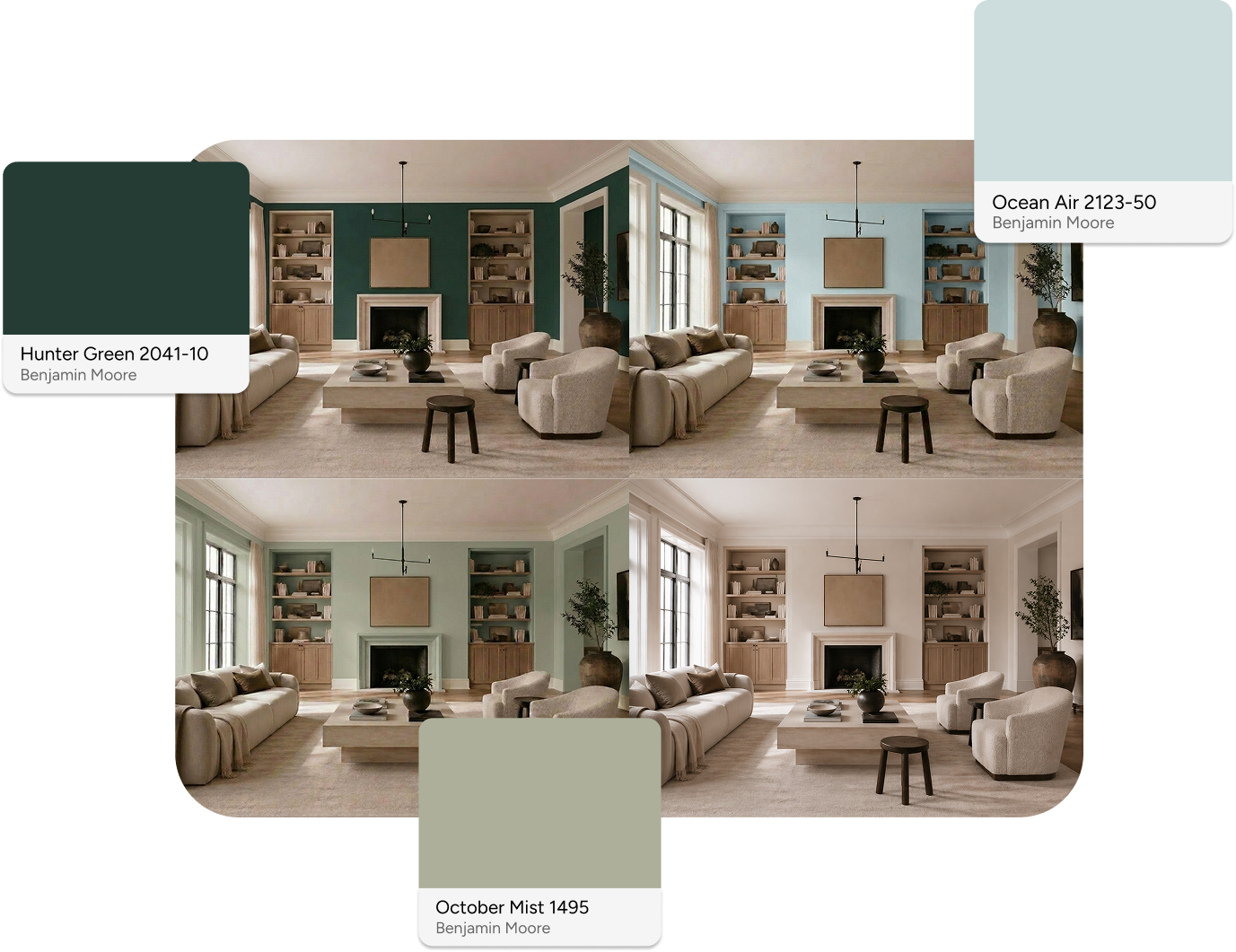 Room visualizations with Hunter Green, Ocean Air and October Mist paint chips